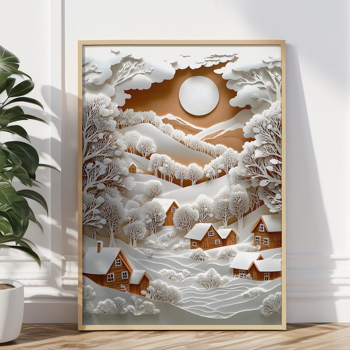 Papercut Style Winter Village With Moonlight and Cabins Art Poster - Image 5
