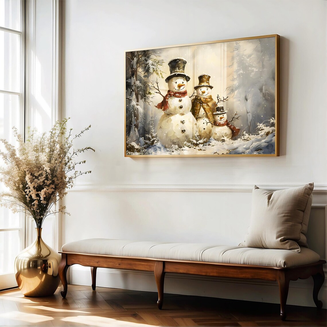 Snowman Family Trio in Top Hats in a Snowy Forest Christmas Poster - Image 5