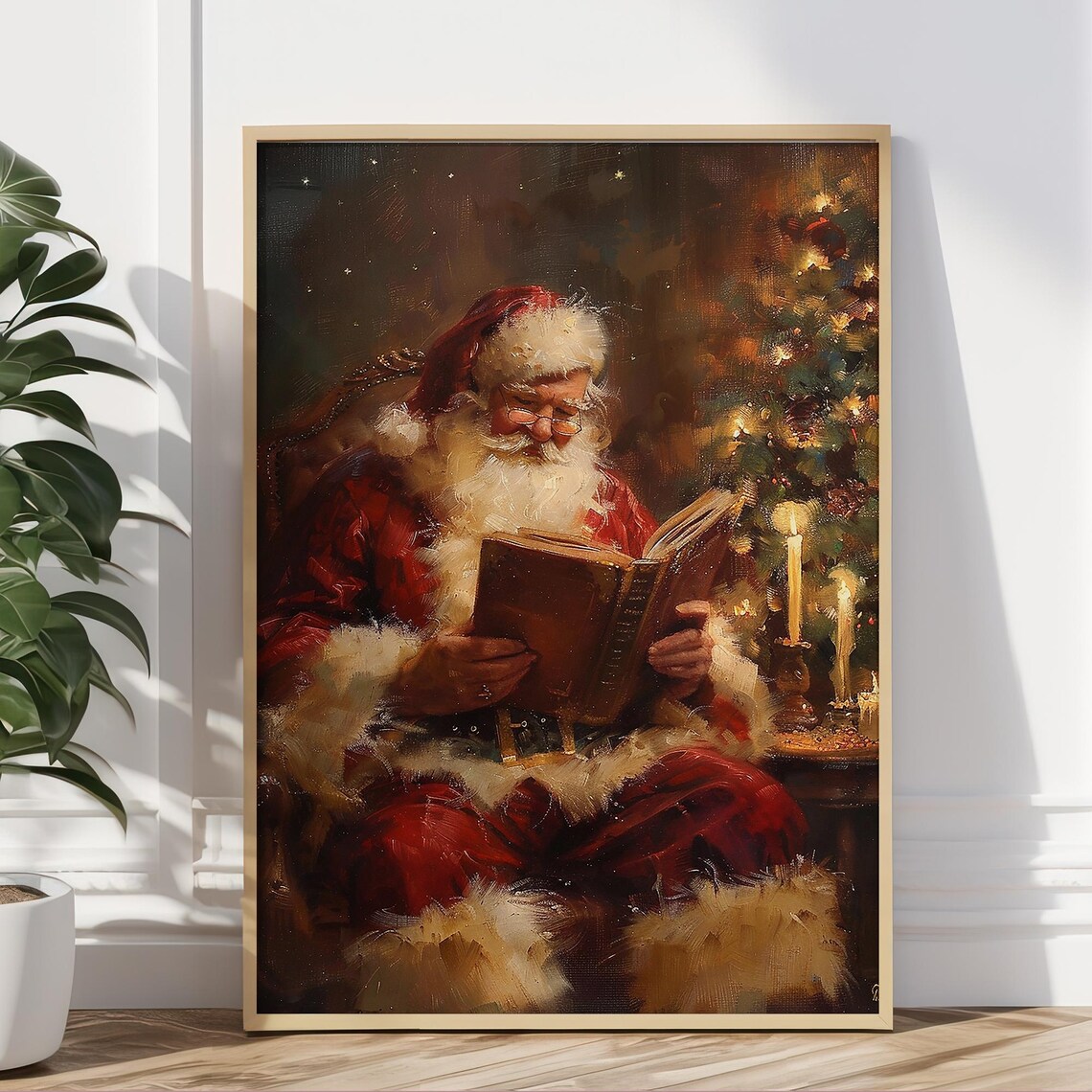 Santa Claus Reading a Book by the Fireplace Christmas Wall Art - Image 5