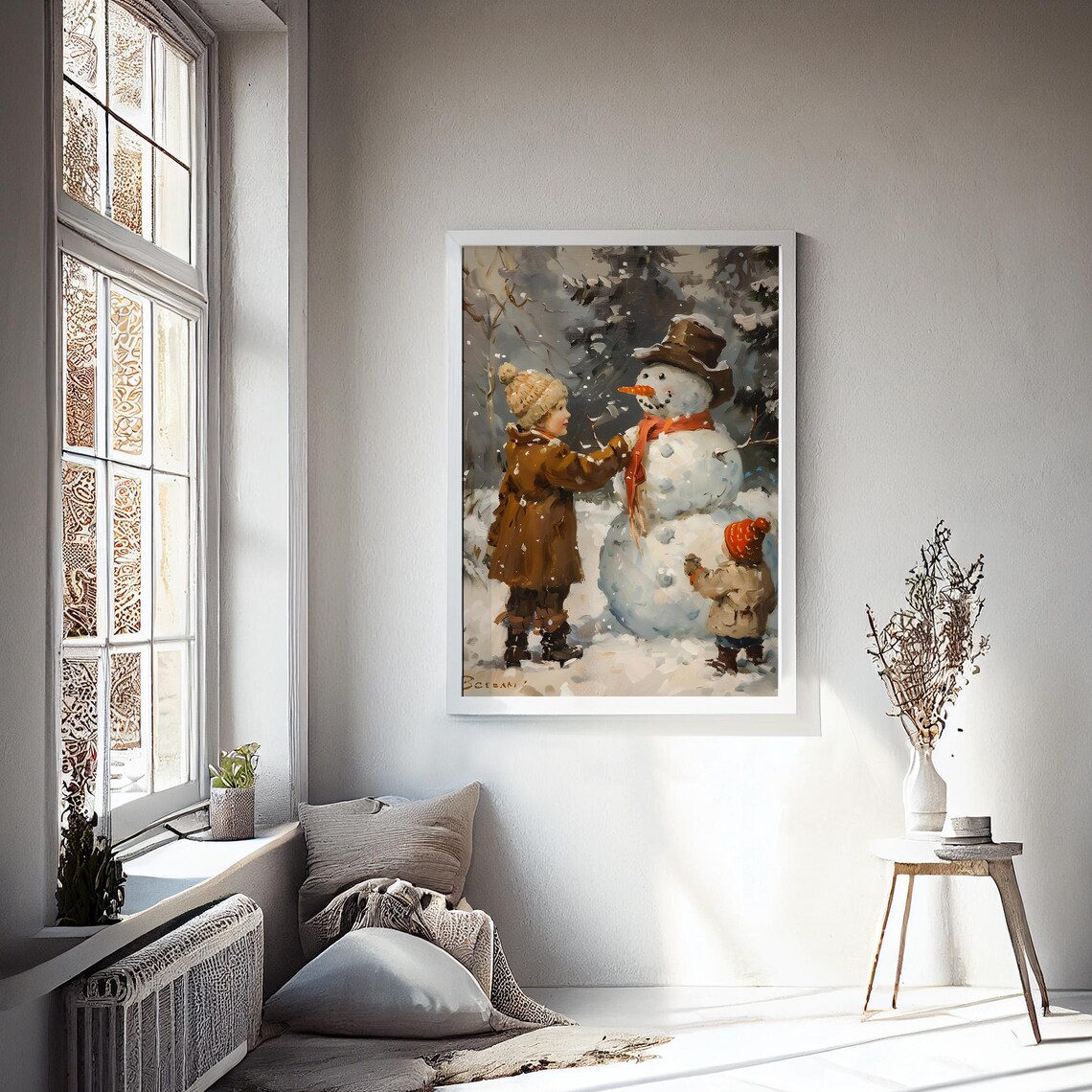 Two Children With a Snowman in a Winter Forest Vintage Poster - Image 2