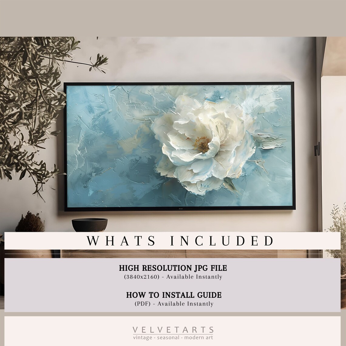 Icy Blue Peony Abstract Floral Textured Botanical Painting Wall Art - Image 4