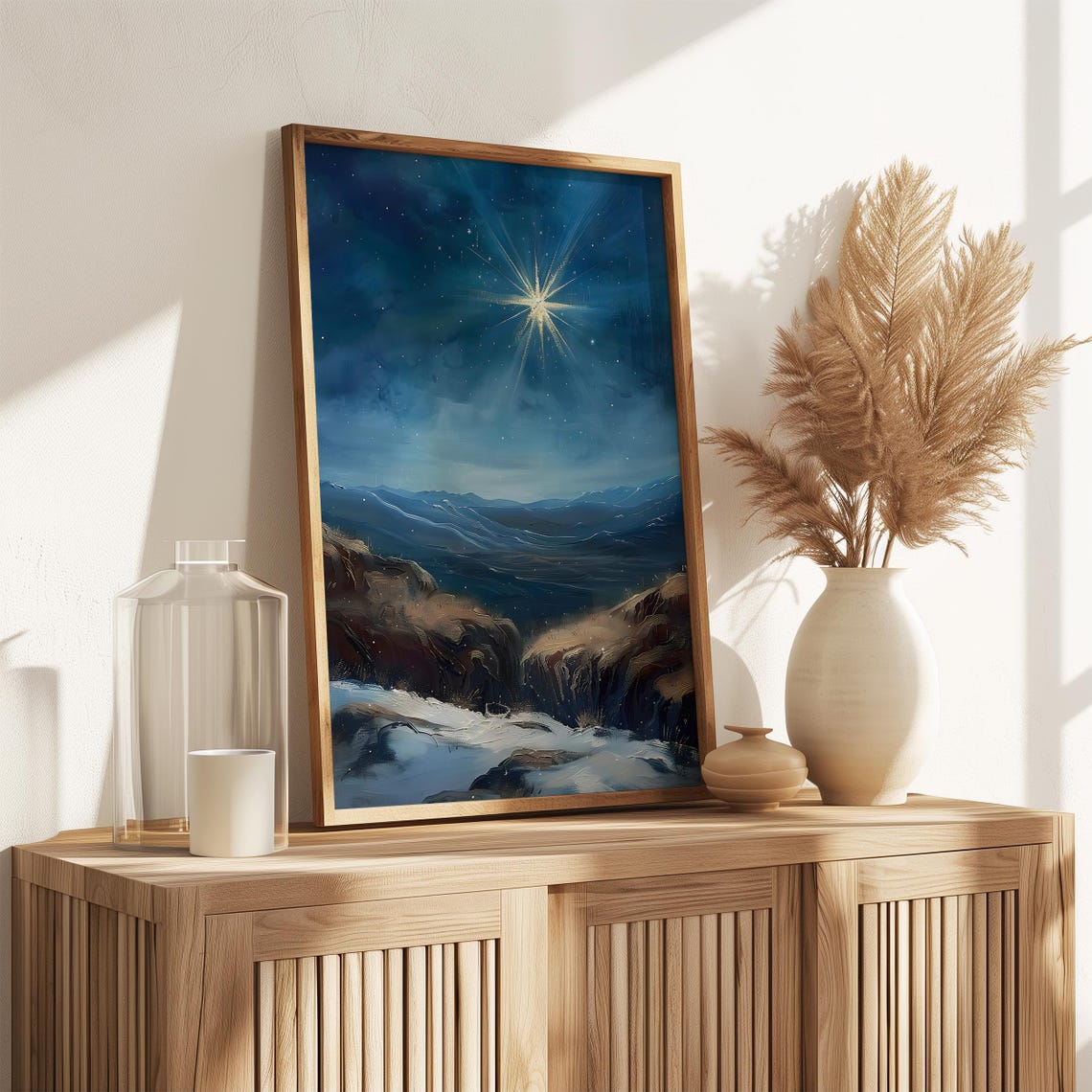 Bright Star Over Snowy Mountains Bethlehem Night Sky Wall Art Print - Image 3