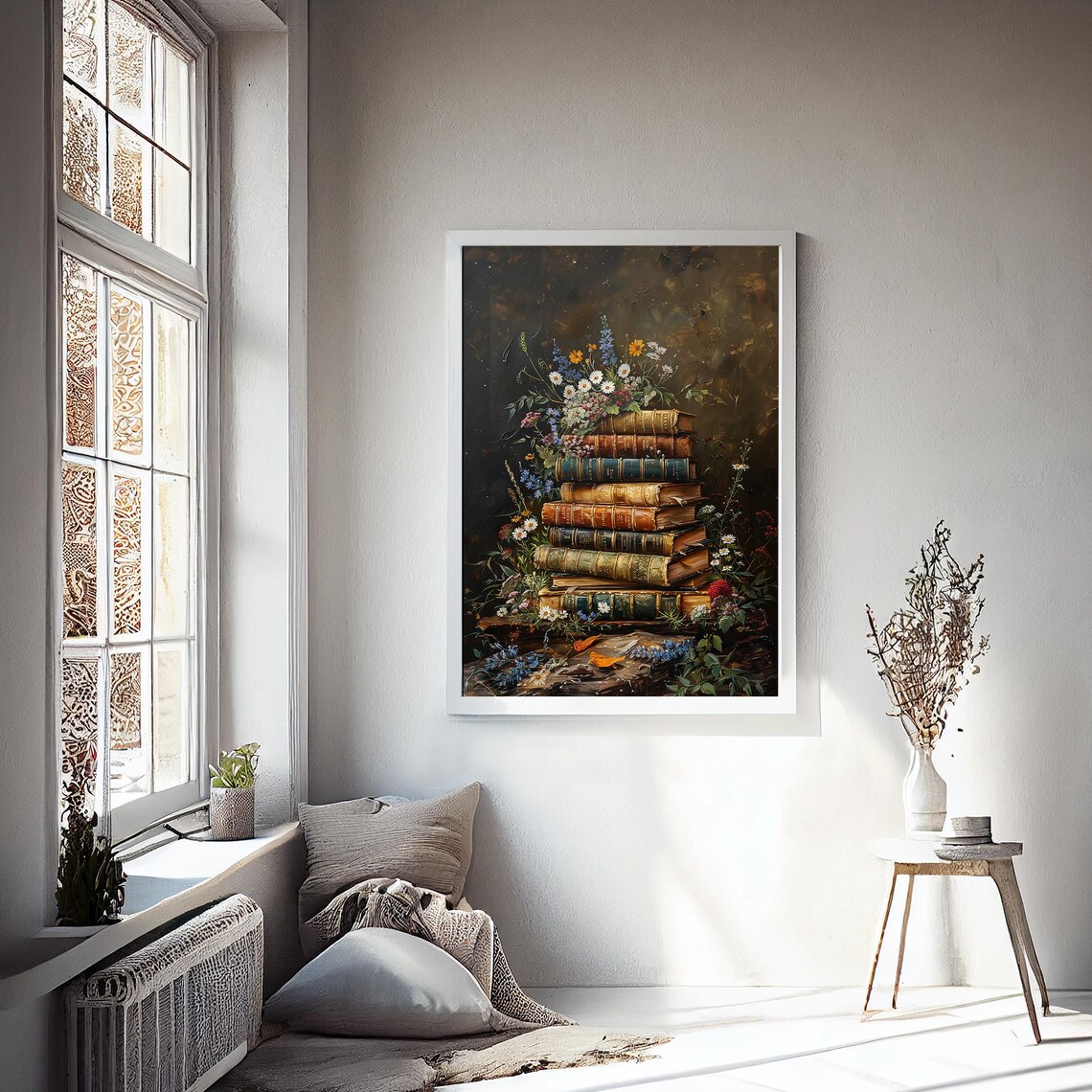Antique Books Stack Wildflower Bouquet Vintage Floral Wall Art Print - Image 2