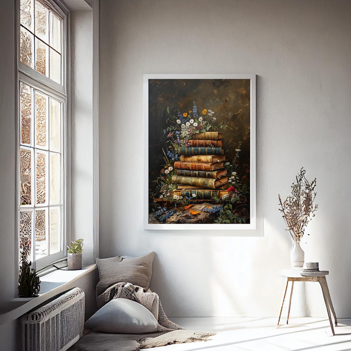Books And Wildflowers Vintage Painting Christmas Print Farmhouse Christmas Christmas Wall Art Vp0076 - Image 2