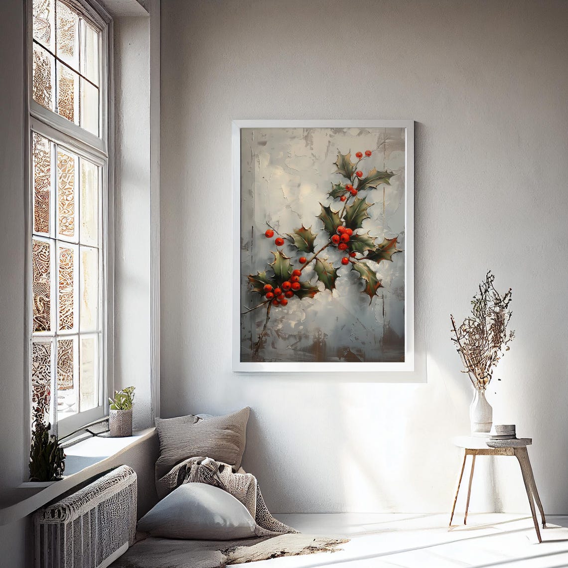 Red Holly Berries Branch White Winter Elegant Botanical Wall Art Print - Image 2