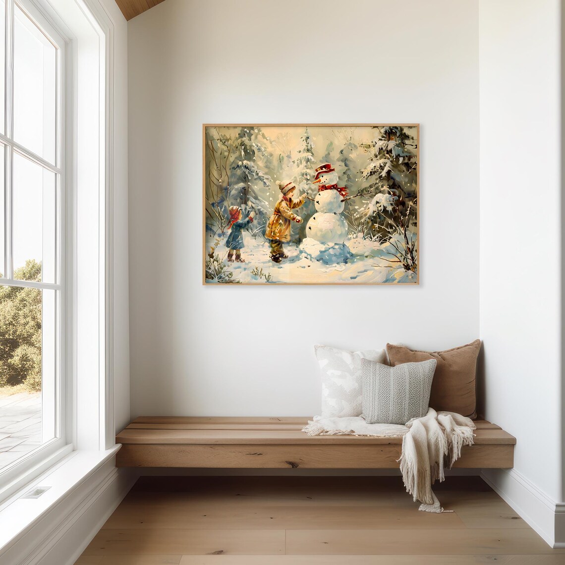Children Building Snowman in Snowy Woods Vintage Christmas Poster - Image 3
