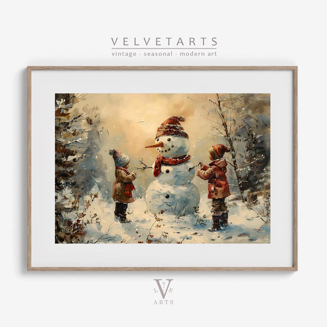 Two Children Building a Snowman in Golden Snowfall Art Poster - Image 5