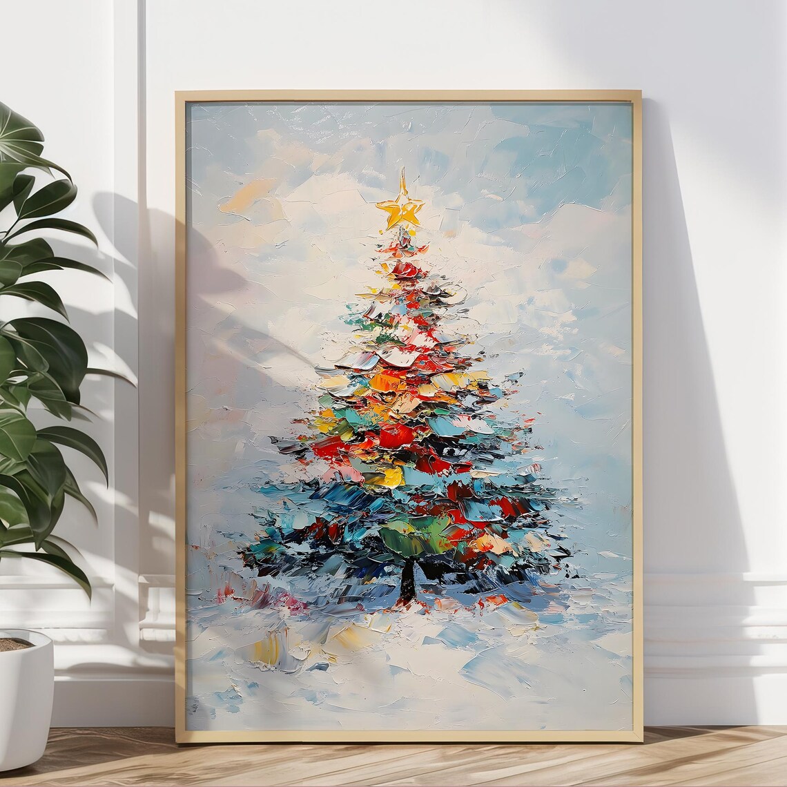 Colorful Impasto Christmas Tree Snowy Star Holiday Painting Poster - Image 5