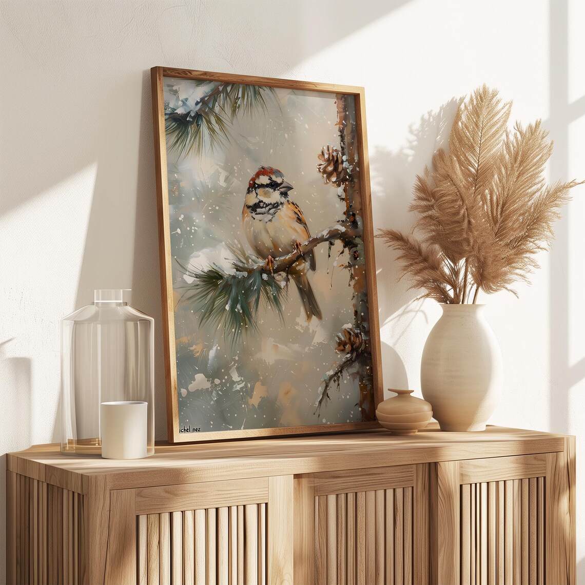 Winter Sparrow on Snowy Pine Branch Vintage Bird Painting Wall Art - Image 3