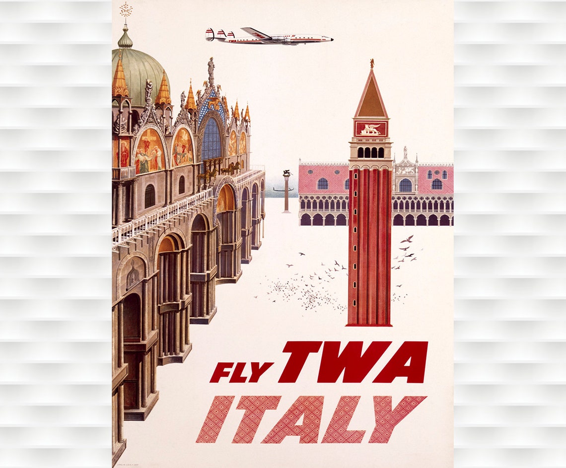 Fly TWA Italy Venice St Marks Basilica Vintage Airline Poster