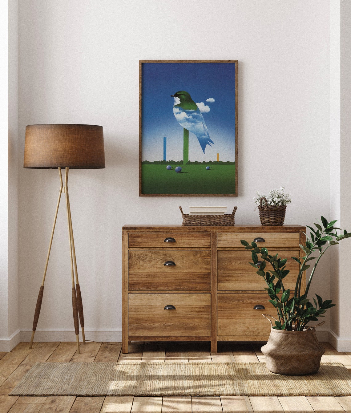 Surreal Cloud Bird Perched Green Field Minimal Dreamscape Poster - Image 6