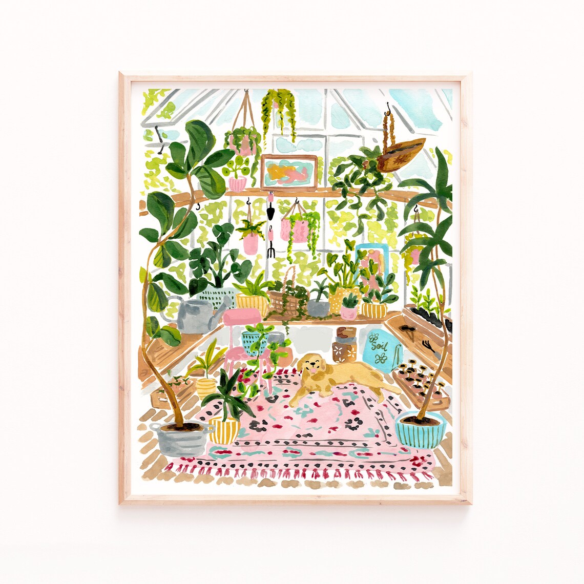 Greenhouse Garden Watercolor Art Print, Yellow Lab