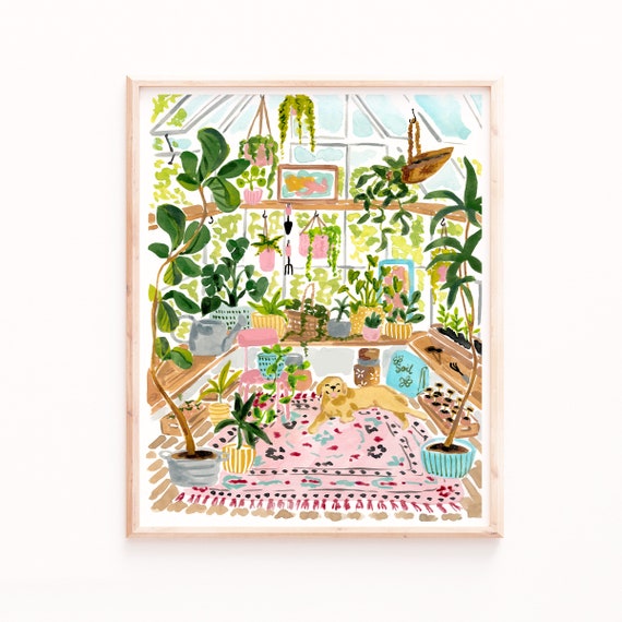 Greenhouse Garden Watercolor Art Print, Yellow Lab