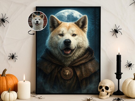 Halloween Pet Portrait Custom Werewolf Wall Art Moonlight Gothic Dog Cat Poster