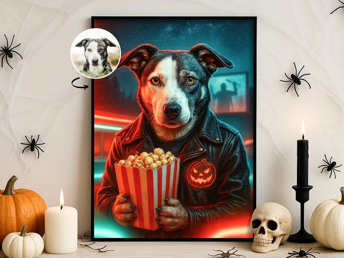Custom Horror Movie Night Pet Portrait Retro 80s Popcorn Dog Poster