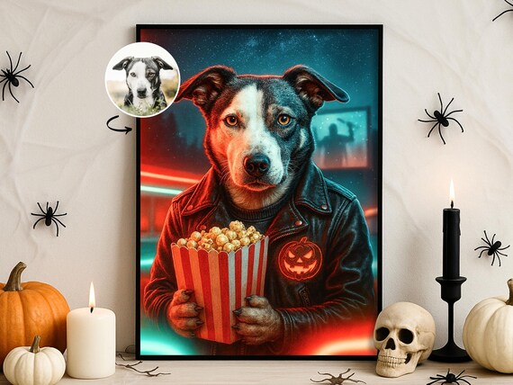 Halloween Custom Pet Portrait Retro Horror Wall Art 80s Movie Night Dog Cat Poster