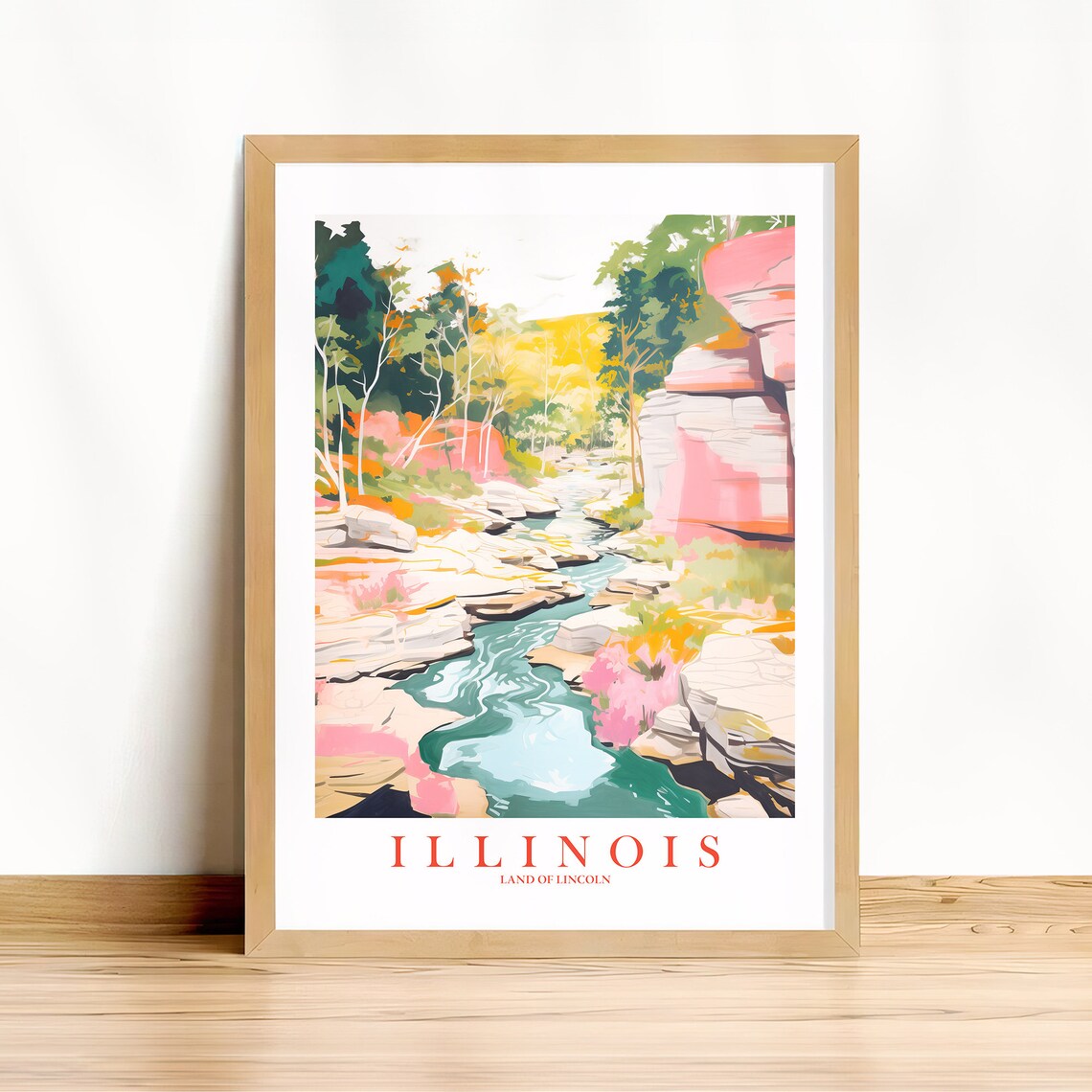 Illinois Land of Lincoln Retro River Canyon Scenic Travel Poster
