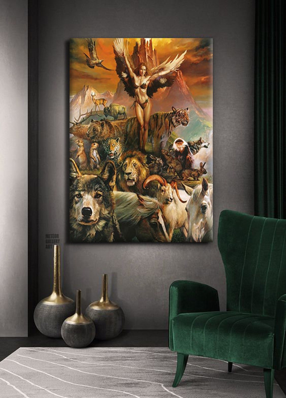 Winged Nature Woman Wild Animals Volcano Fantasy Painting Art Print - Image 2