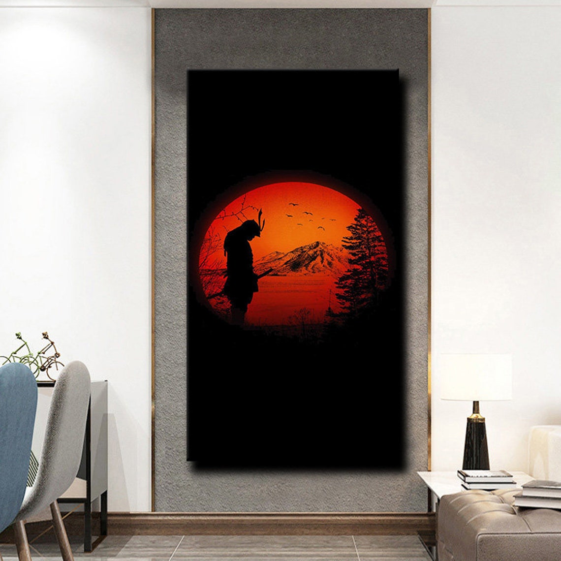 Samurai Silhouette Red Sun Mountain Lake Japanese Warrior Art Print - Image 3