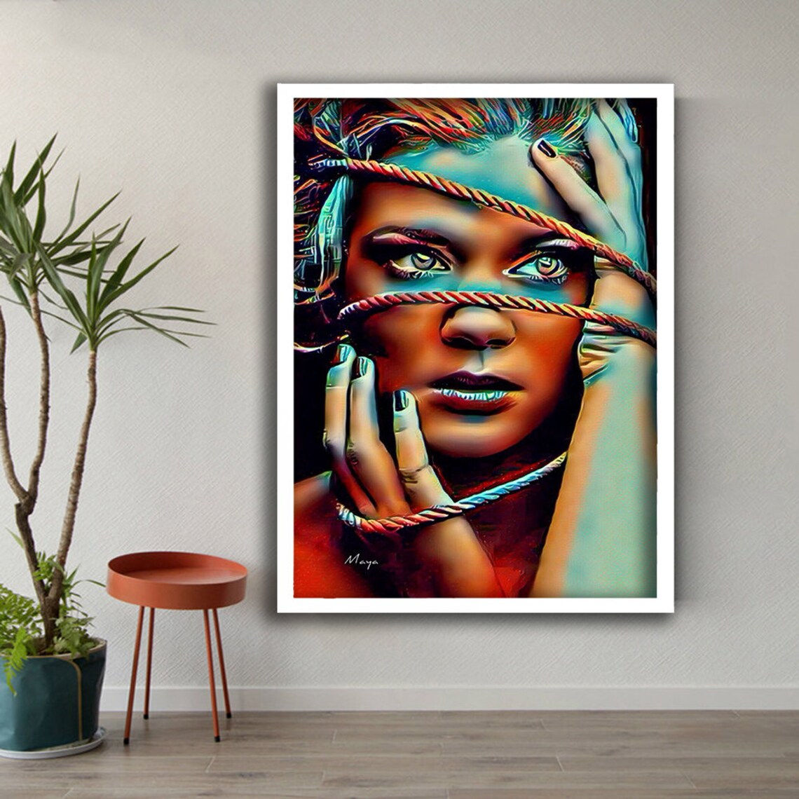 Rope Bound Woman Portrait Captive Colorful Stylized Modern Art Painting Poster - Image 2