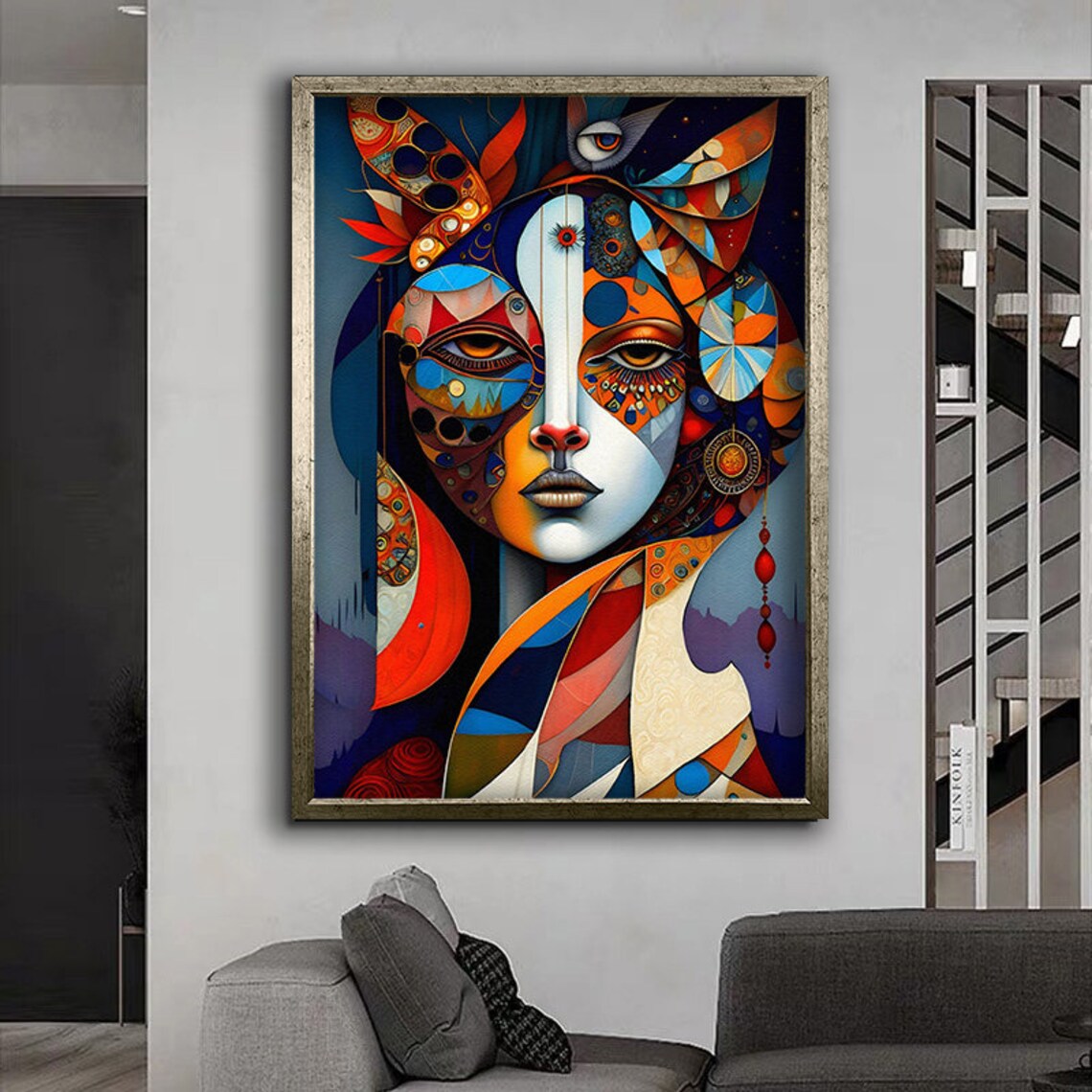 Cubist Woman Face Colorful Abstract Portrait Blue Orange Mosaic Art Poster - Image 4