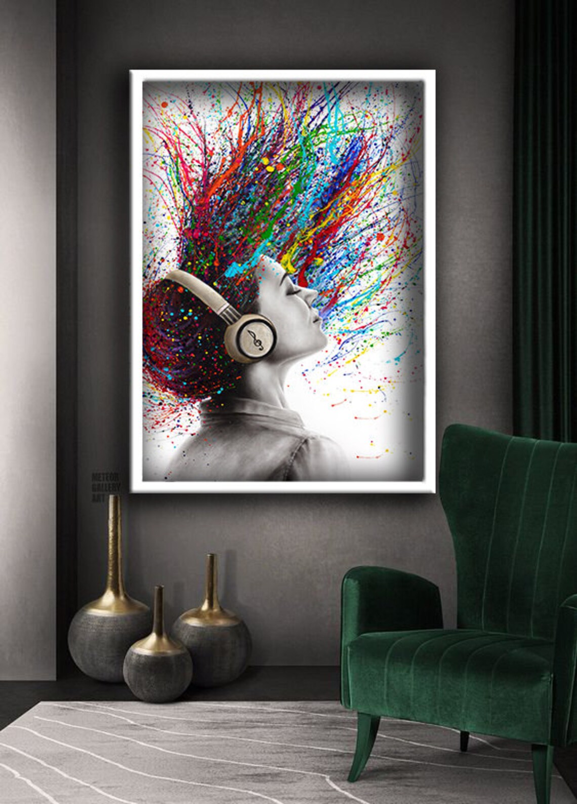 Woman With Headphones Colorful Paint Splash Hair Music Art Poster - Image 3