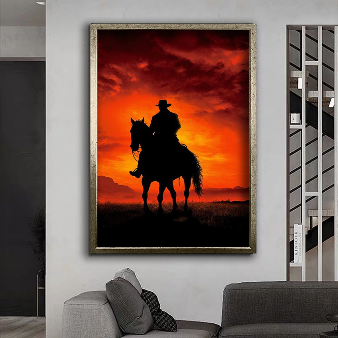 Cowboy On Horseback Silhouette Fiery Red Sunset Western Art Poster - Image 4