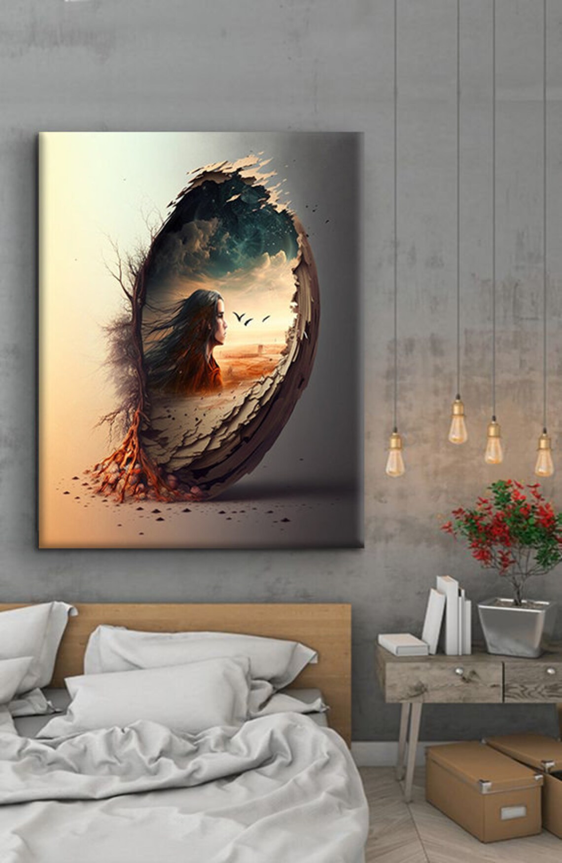 Surreal Woman Profile Cracked Eggshell Desert Dream World Art Print - Image 4