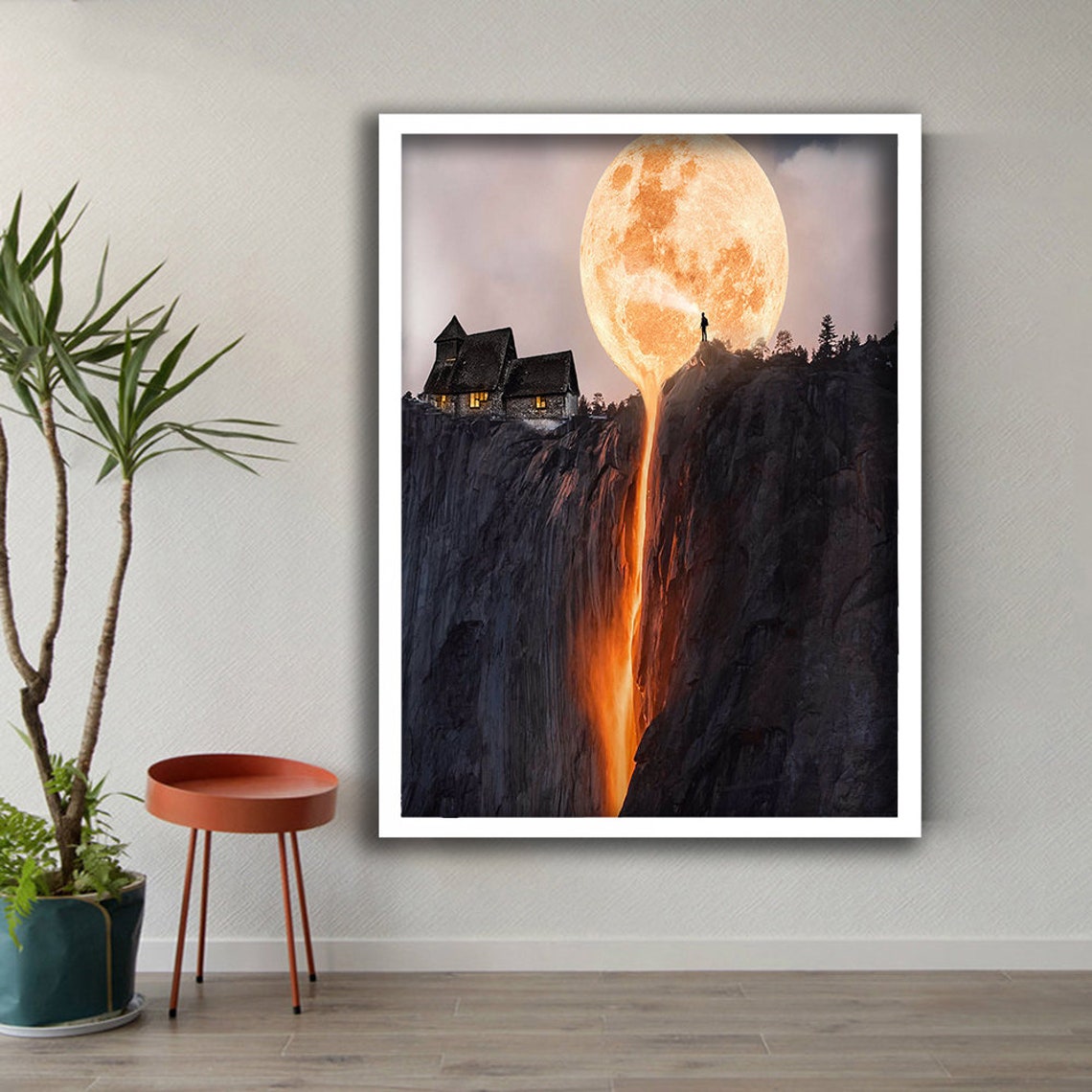 Melting Moon Over Cliff Chalet Surreal Nightscape Wall Art Poster - Image 2