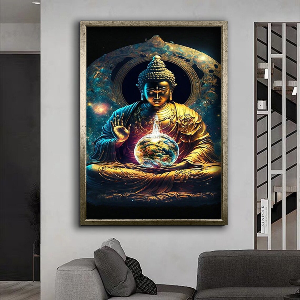 Golden Buddha Holding Glowing Earth Cosmic Galaxy Spiritual Zen Art Poster - Image 4