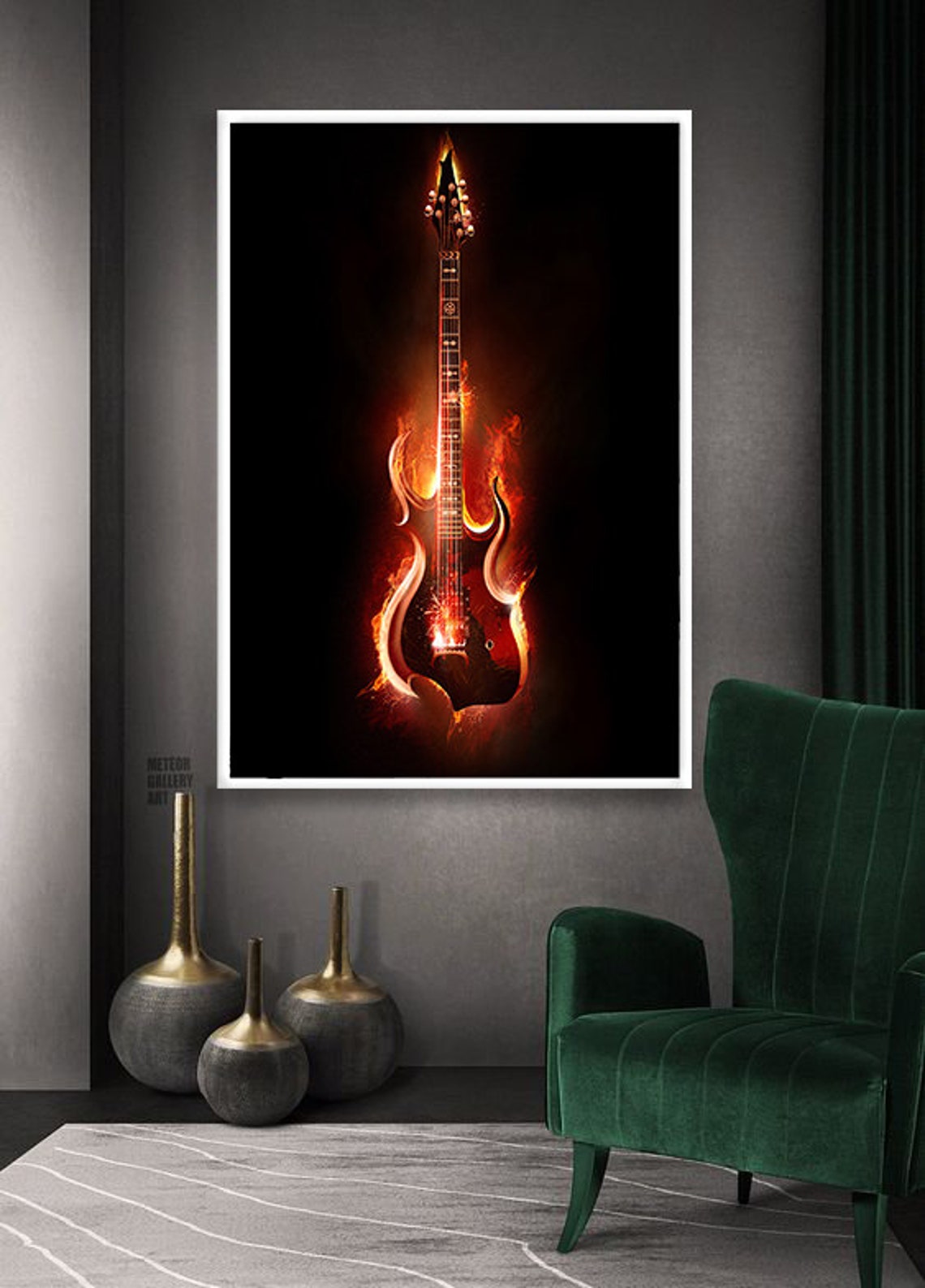 Flaming Electric Guitar Fire Rock Music Energy Wall Art Poster - Image 2