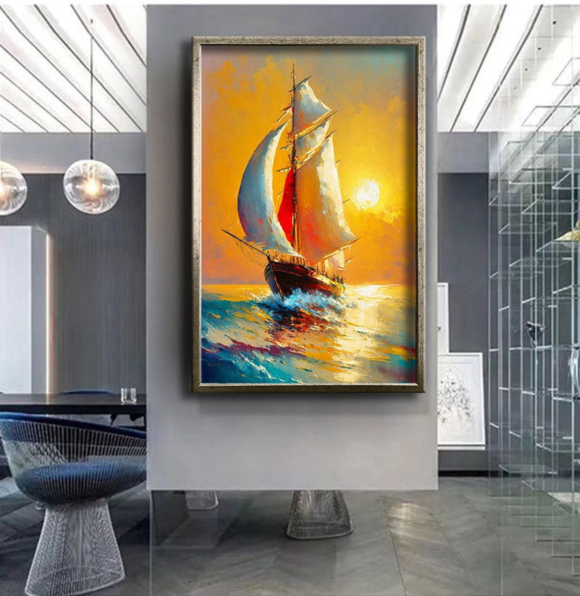 Tall Sailing Ship Golden Sunset Ocean Voyage Oil Style Poster - Image 4