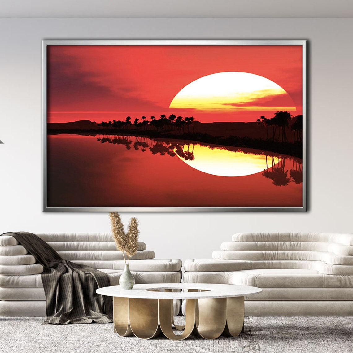 Tropical Sunset Huge Sun Over Lake Palm Silhouette Reflection Poster - Image 3
