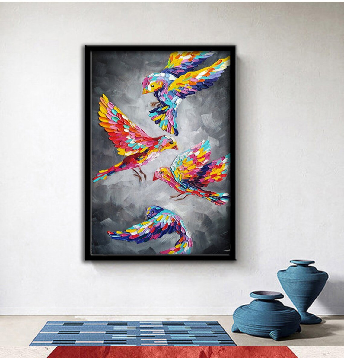 Four Colorful Flying Birds Rainbow Feathers Abstract Wildlife Wall Art - Image 2