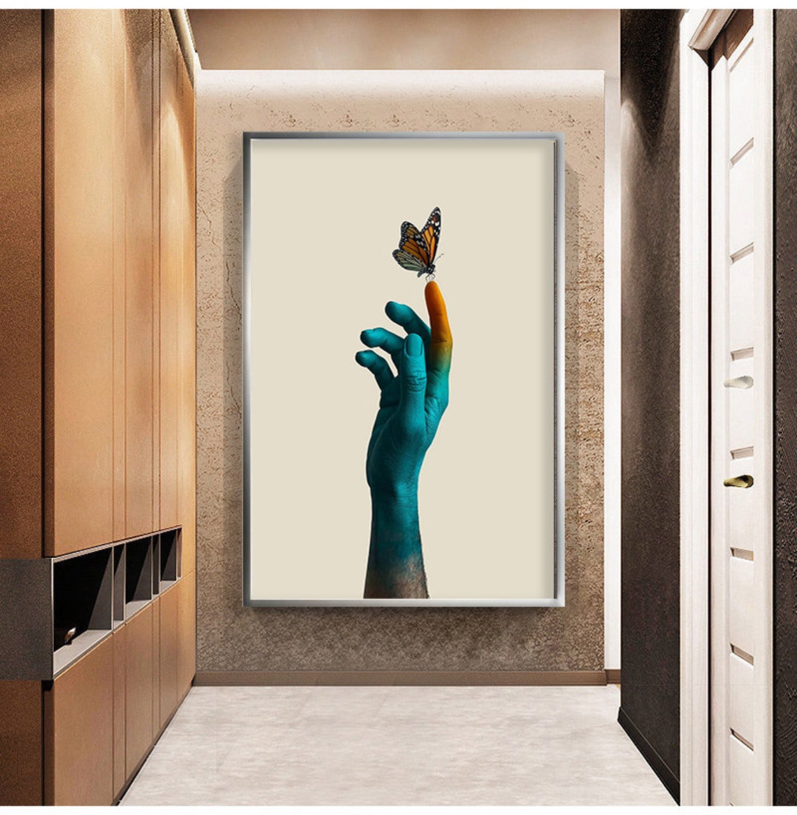 Blue Painted Hand With Monarch Butterfly Cream Minimalist Art Poster - Image 2
