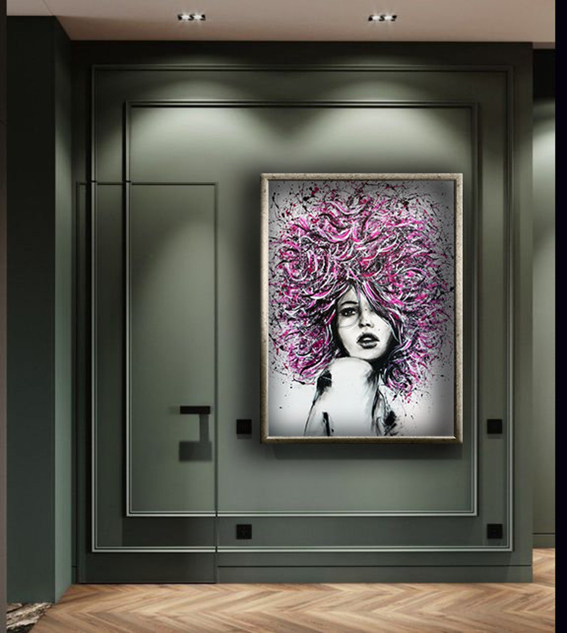 Woman Pink Afro Paint Splash Black White Abstract Portrait Poster - Image 4