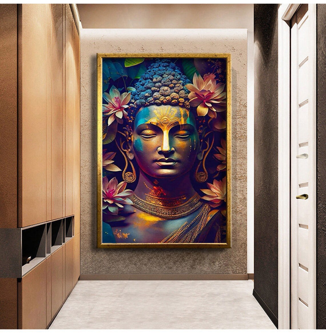 Colorful Buddha Head Lotus Flowers Vibrant Zen Spiritual Wall Poster