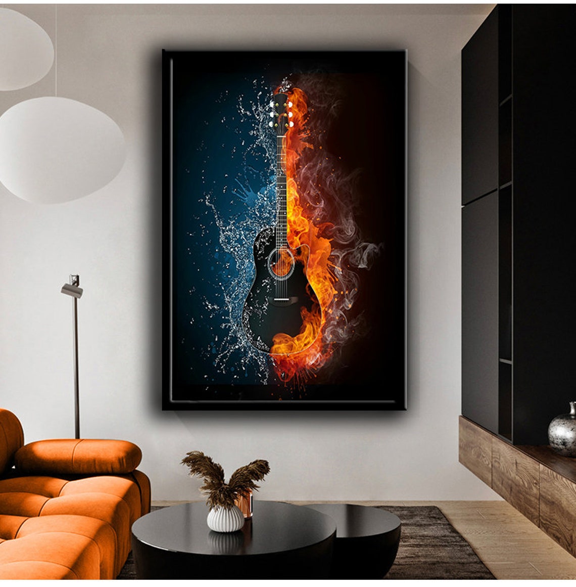 Acoustic Guitar Fire And Water Split Surreal Music Wall Art Poster - Image 3