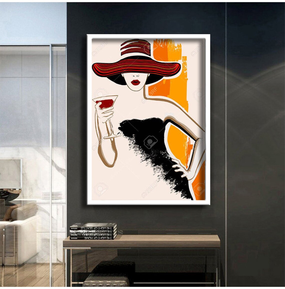 Elegant Woman Red Sun Hat Cocktail Fashion Illustration Wall Poster - Image 3