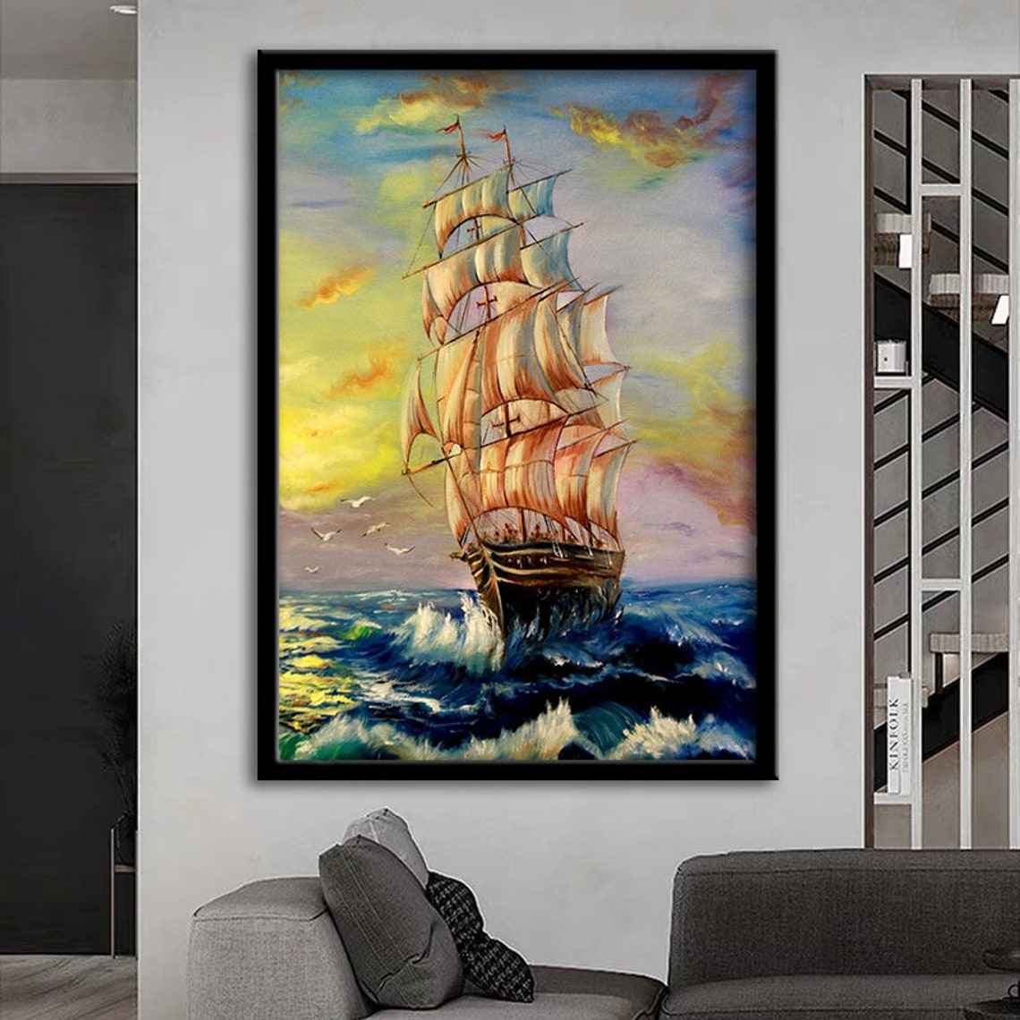 Tall Ship White Sails Sunset Seagulls Ocean Voyage Art Poster - Image 3