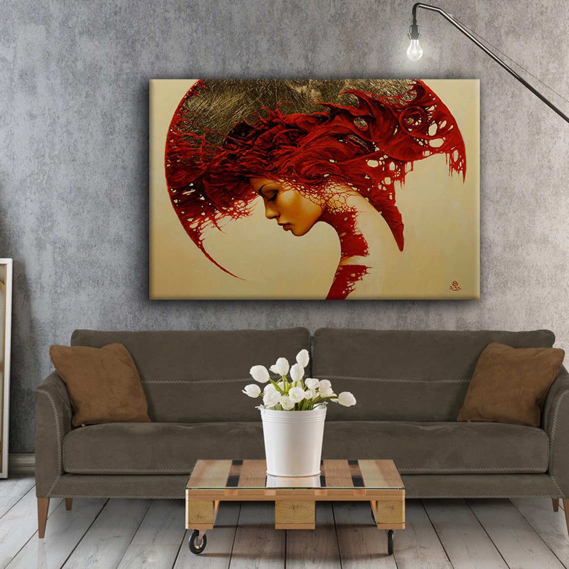 Red Haired Woman Profile Gold Moon Surreal Portrait Painting Poster - Image 4