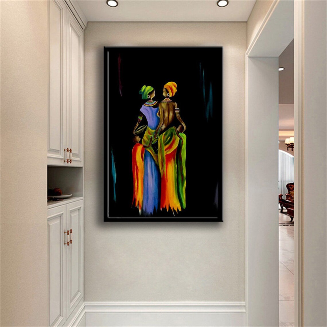 Two African Women Colorful Dresses Abstract Black Background Art Print - Image 3