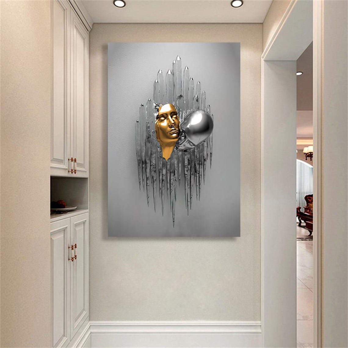 Golden Silver Couple Kissing 3D Statue Abstract Modern Love Art Poster - Image 2