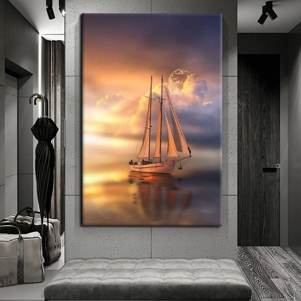 Sailing Ship Sunset Golden Clouds Moon Ocean Voyage Wall Art Print - Image 3