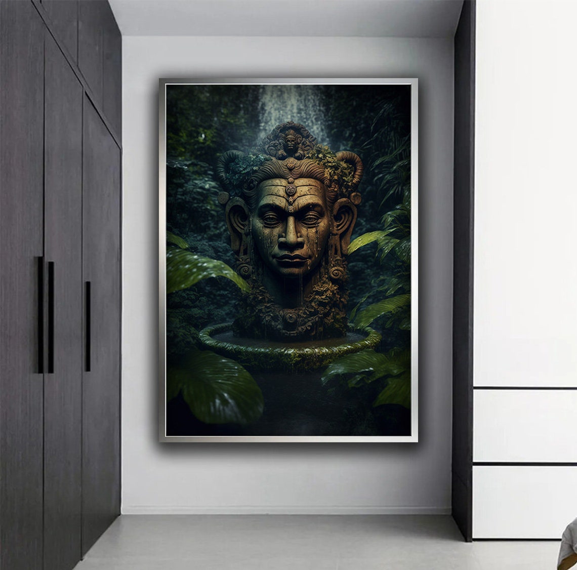 Ancient Mossy Stone Temple Statue Head Jungle Waterfall Mystic Poster - Image 4