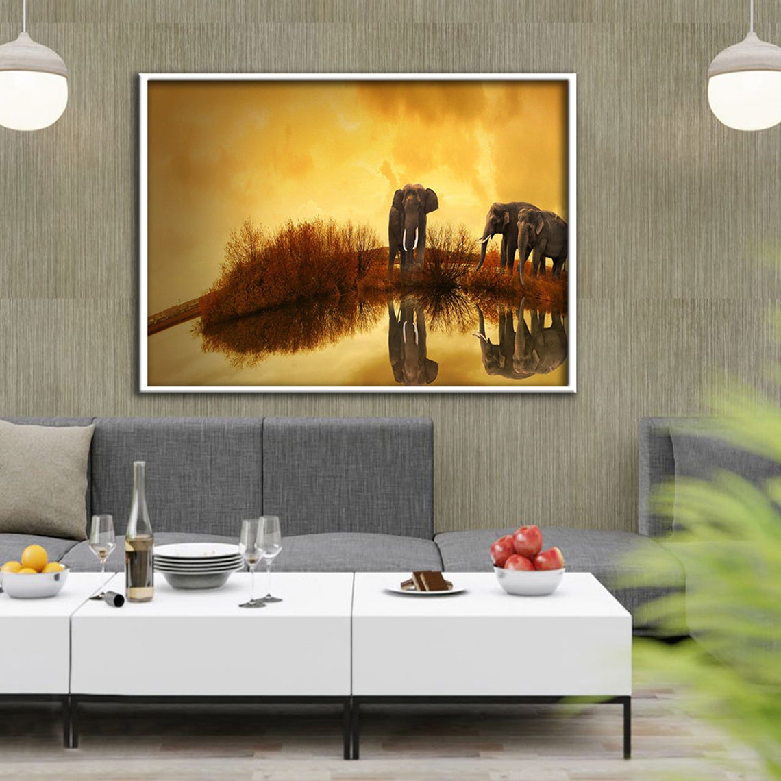 Three Elephants At Golden Sunset Water Reflection Safari Art Poster - Image 3