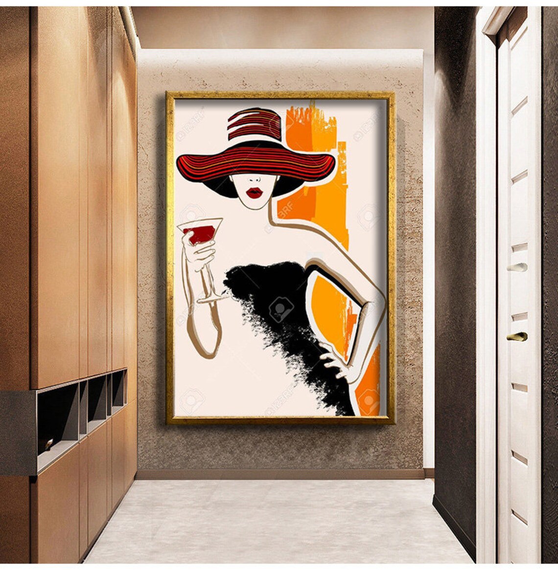 Elegant Woman Red Sun Hat Cocktail Fashion Illustration Wall Poster