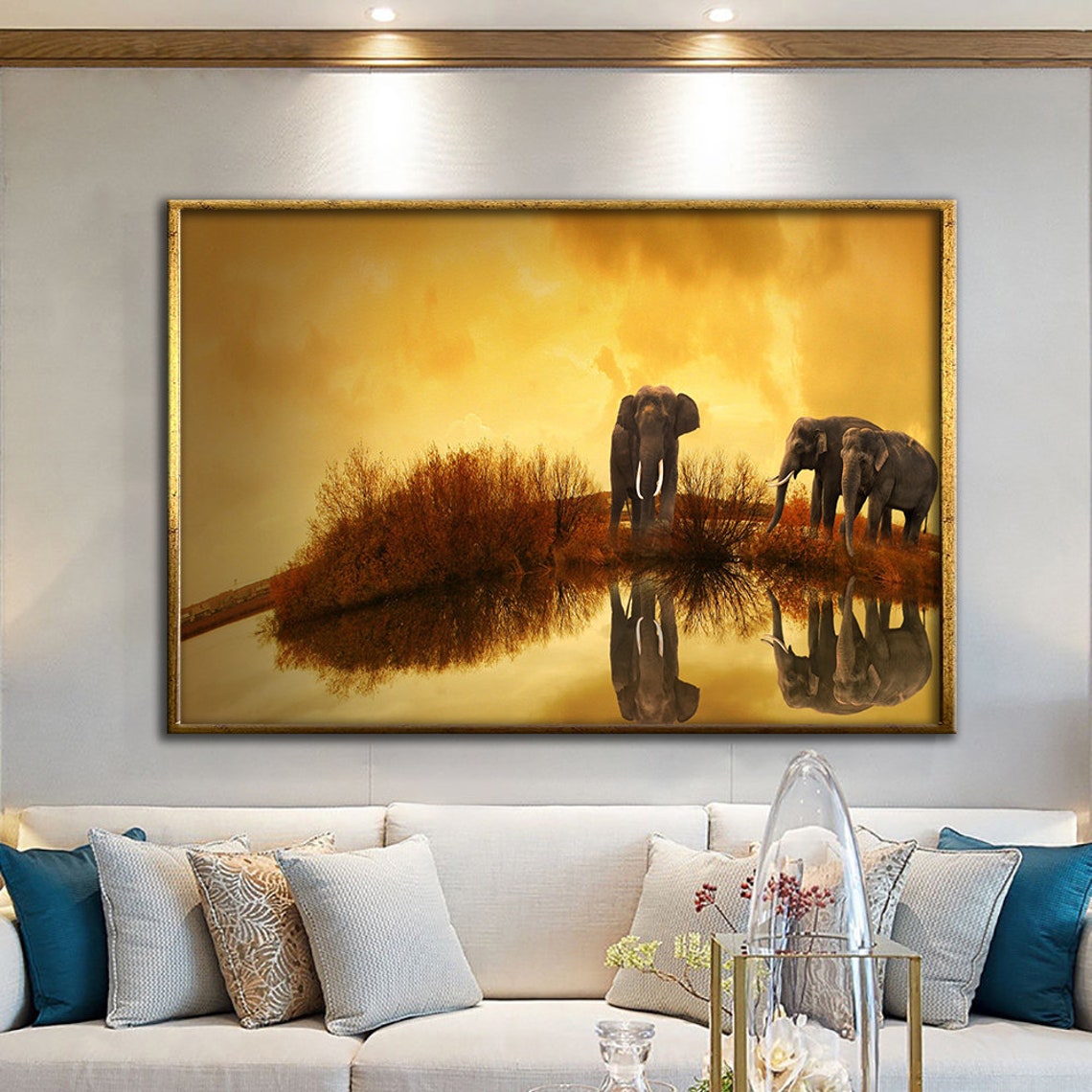 Three Elephants At Golden Sunset Water Reflection Safari Art Poster
