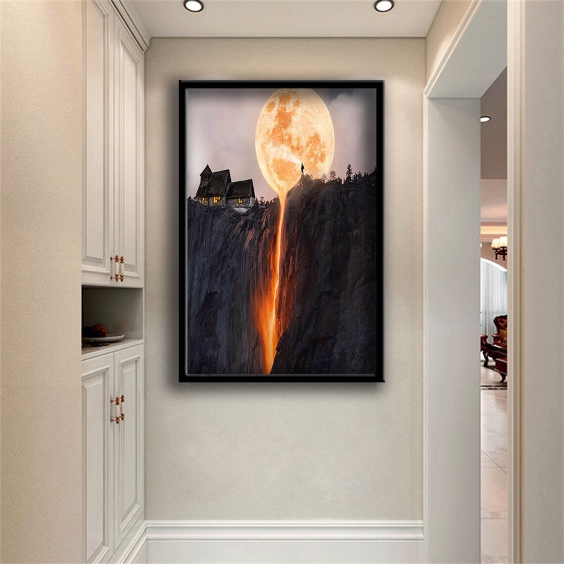 Melting Moon Over Cliff Chalet Surreal Nightscape Wall Art Poster - Image 3