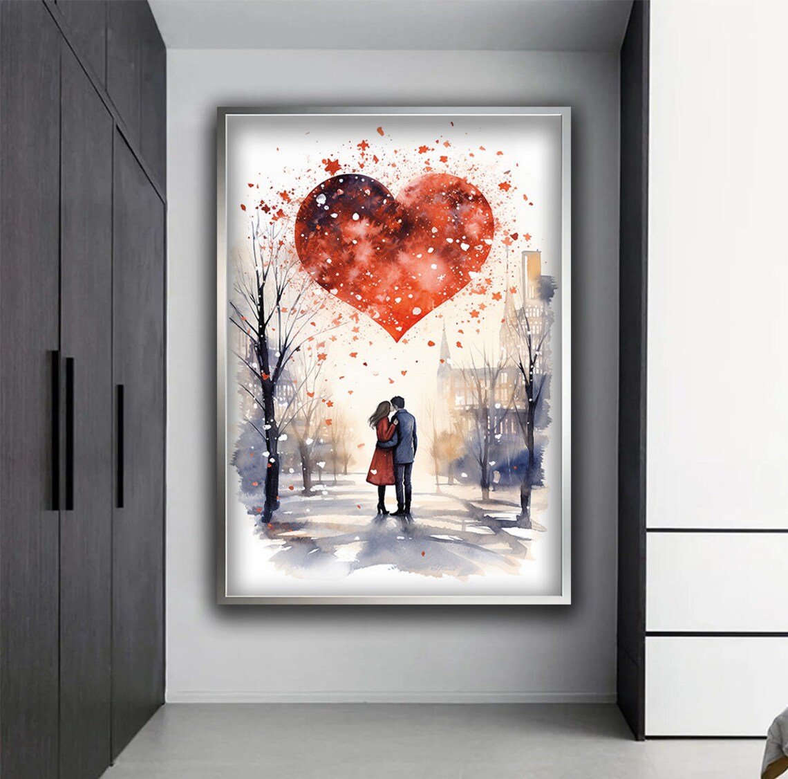 Romantic Couple Big Red Heart Watercolor Valentine Love Wall Poster - Image 4